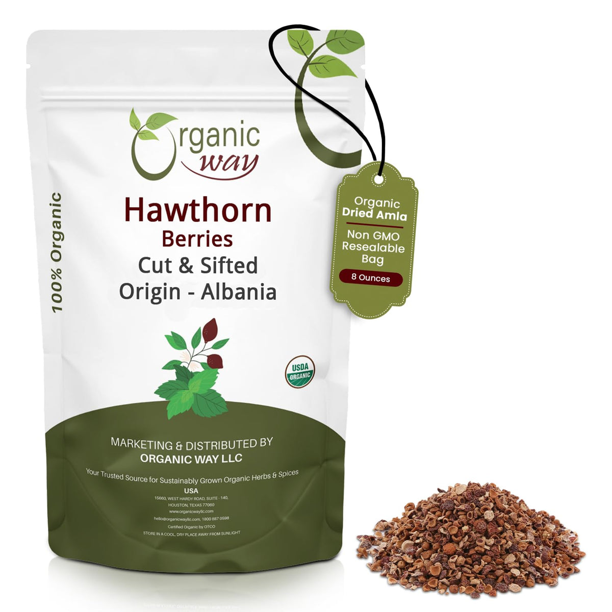 Organic Way Hawthorn Berries Cut & Sifted - Herbal Tea (8 Oz)