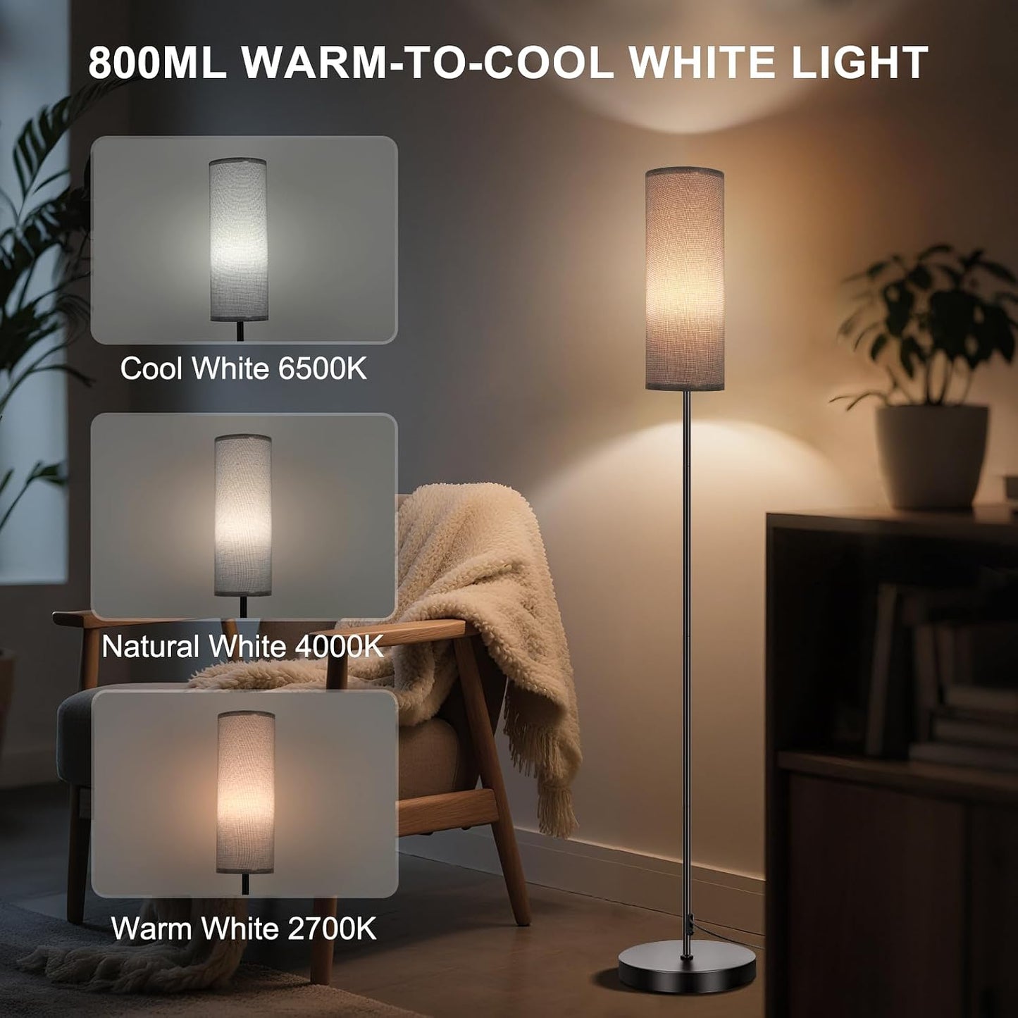 FRIDEKO HOME Floor Lamp, 9W 800LM Color Changing Smart Bulb, Beige Shade