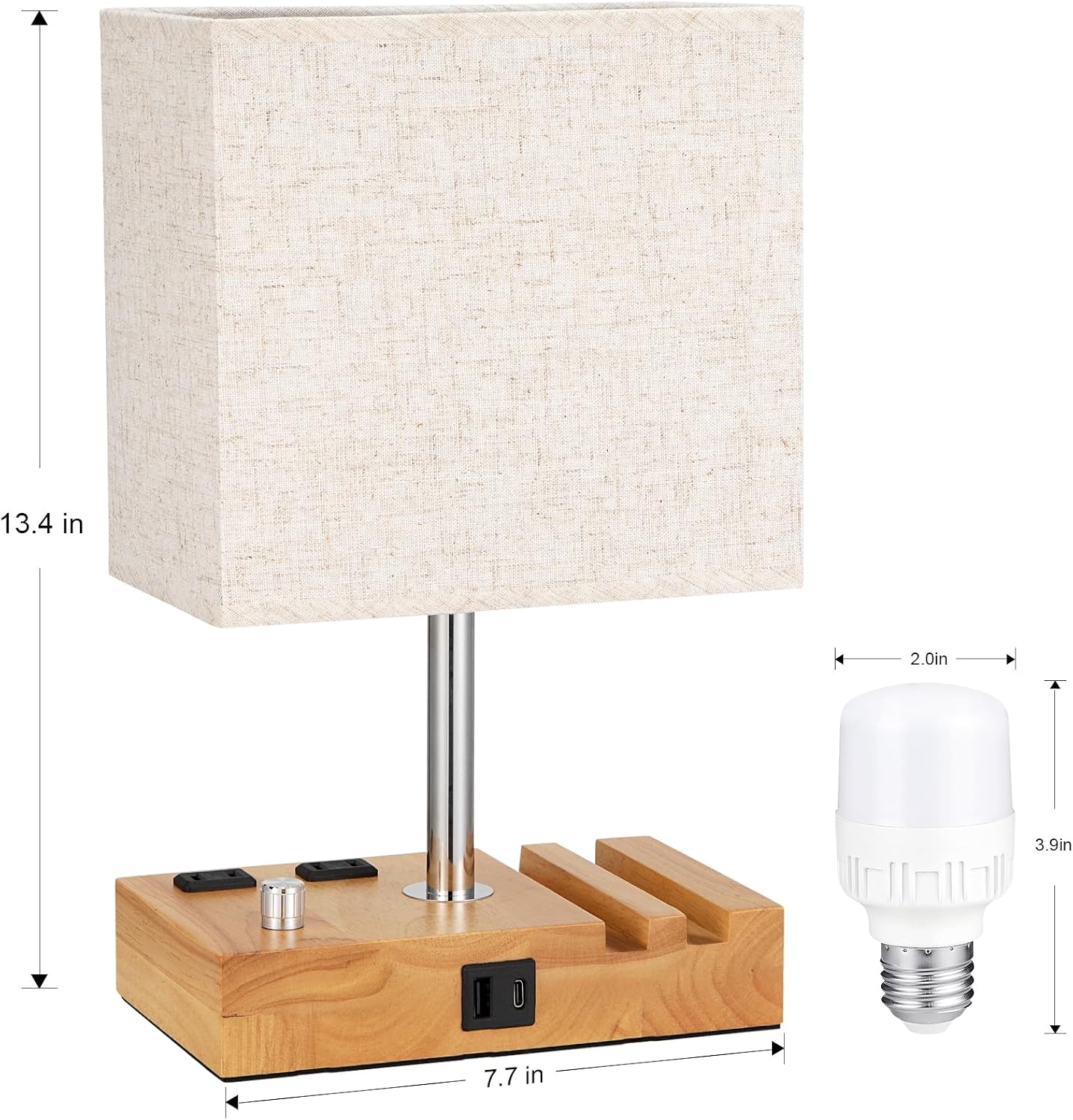 Kakanuo Fully Dimmable Nightstand Lamp for Bedroom with USB C Ports, Grey Small Bedside Table Lamp with Charging Outlets and Phone Stands, Wooden Desk Lamp for Living Room, LED Bulb Included