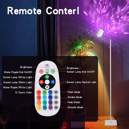 Sunset Lamp Projector Led Lights 3D Ocean Wave with Remote, 16 Colors Night Light 720° Rotation & Four Mode with American Standard Plug, Modern Floor Stand Night Light for Bedroom (White Double-End)
