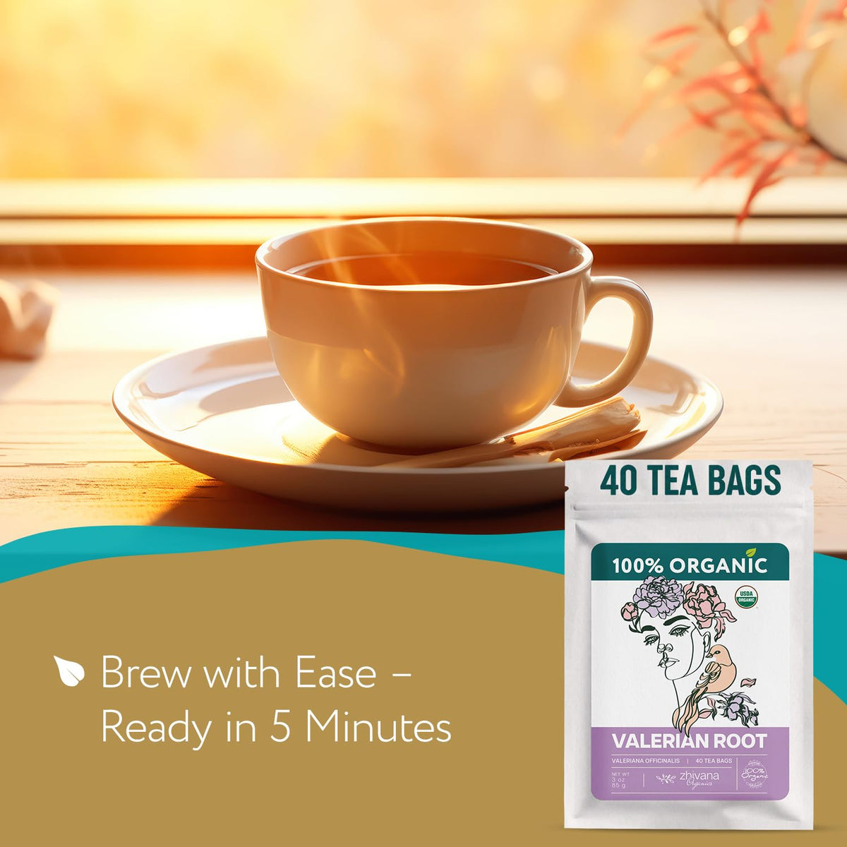 Valerian Root Tea Organic (40 Bleach-Free & Microplastic-Free TeaBags) - Sleep, Relaxation