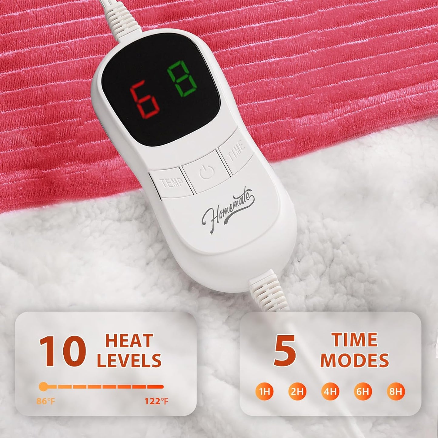 Homemate Heated Blanket Electric Throw - 50"x60" Heating Blanket Throw 1/2/4/6/8 Hours Auto-Off 10 Heat Levels Over-Heat Protection Soft Flannel Sherpa Heater ETL Certification