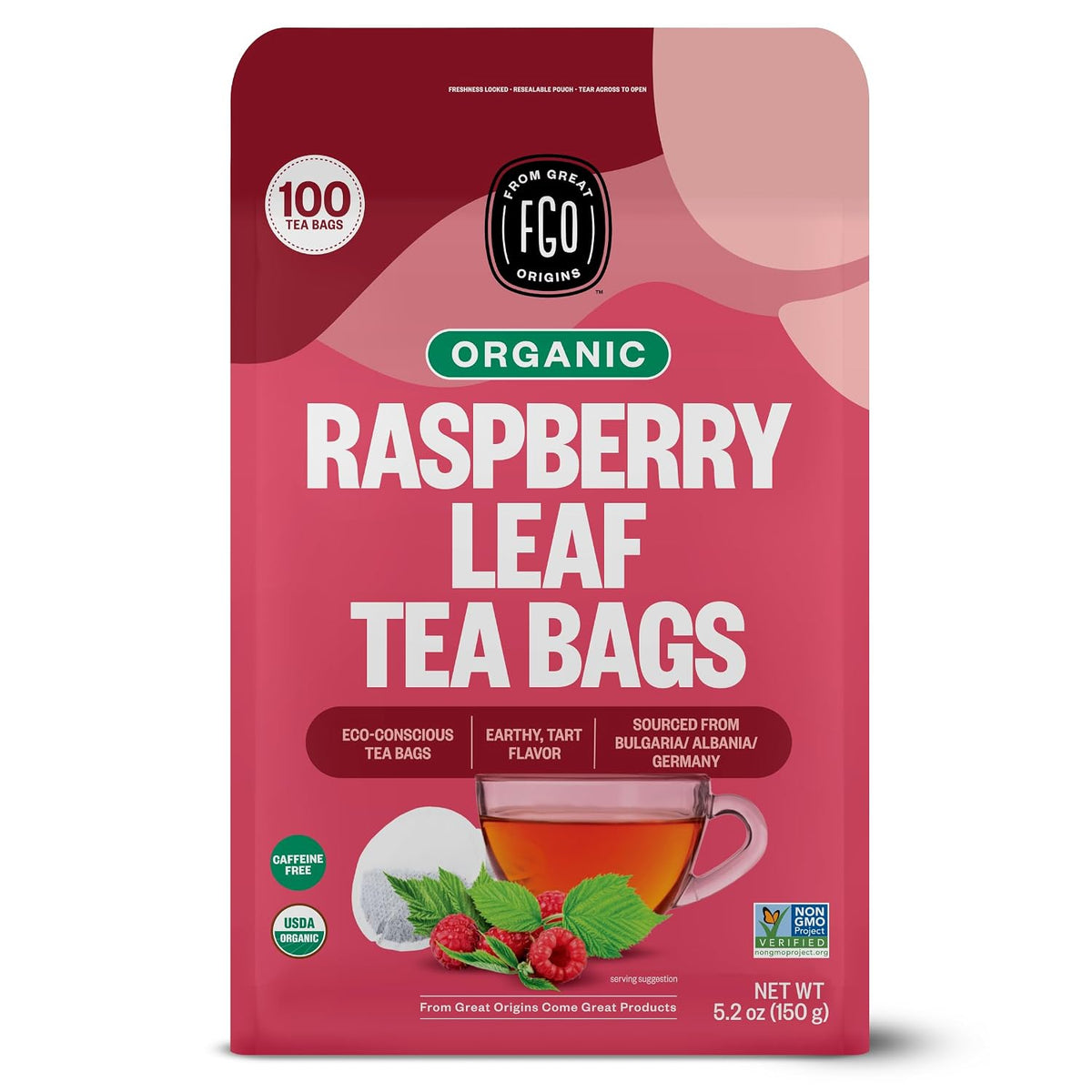 FGO Organic Red Raspberry Leaf Tea Bags, 100 Eco-Conscious Tea Bags, Caffeine Free, Imported from Germany, Reseable Bag, Packaging May Vary (Pack of 1)