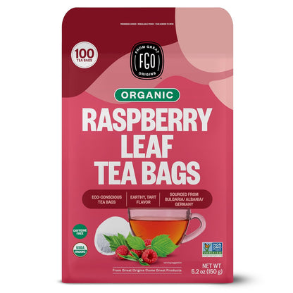 FGO Organic Red Raspberry Leaf Tea Bags, 100 Eco-Conscious Tea Bags, Caffeine Free, Imported from Germany, Reseable Bag, Packaging May Vary (Pack of 1)
