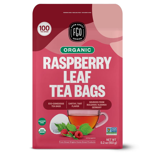FGO Organic Red Raspberry Leaf Tea Bags, 100 Eco-Conscious Tea Bags, Caffeine Free, Imported from Germany, Reseable Bag, Packaging May Vary (Pack of 1)