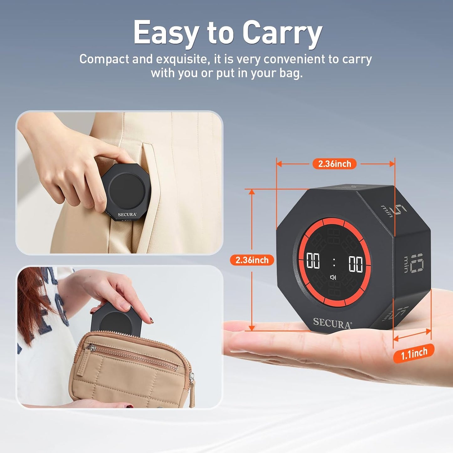 Secura Pomodoro Timer for ADHD & Productivity, Flip Cube Timer with 7 Presets (5/10/15/20/25/50/90 Min), Visual Countdown Progress Bar for Work, Study, Kids & Desk (Dark Gray)