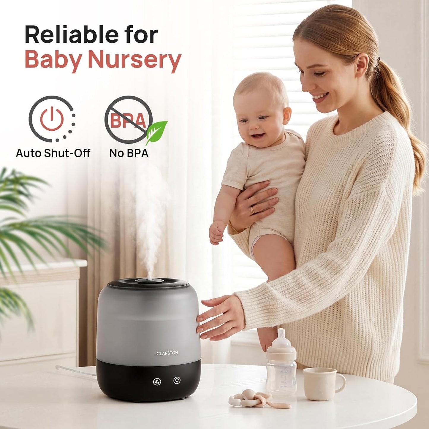 Clarston 2L Cool Mist Humidifier for Bedroom with 360° Adjustable Nozzle, High and Low Mist Levels, Ultra-Low Noise, Light-Off, No BPA, Auto Shut Off, Ideal Baby Humidifier with Easy Top Filling