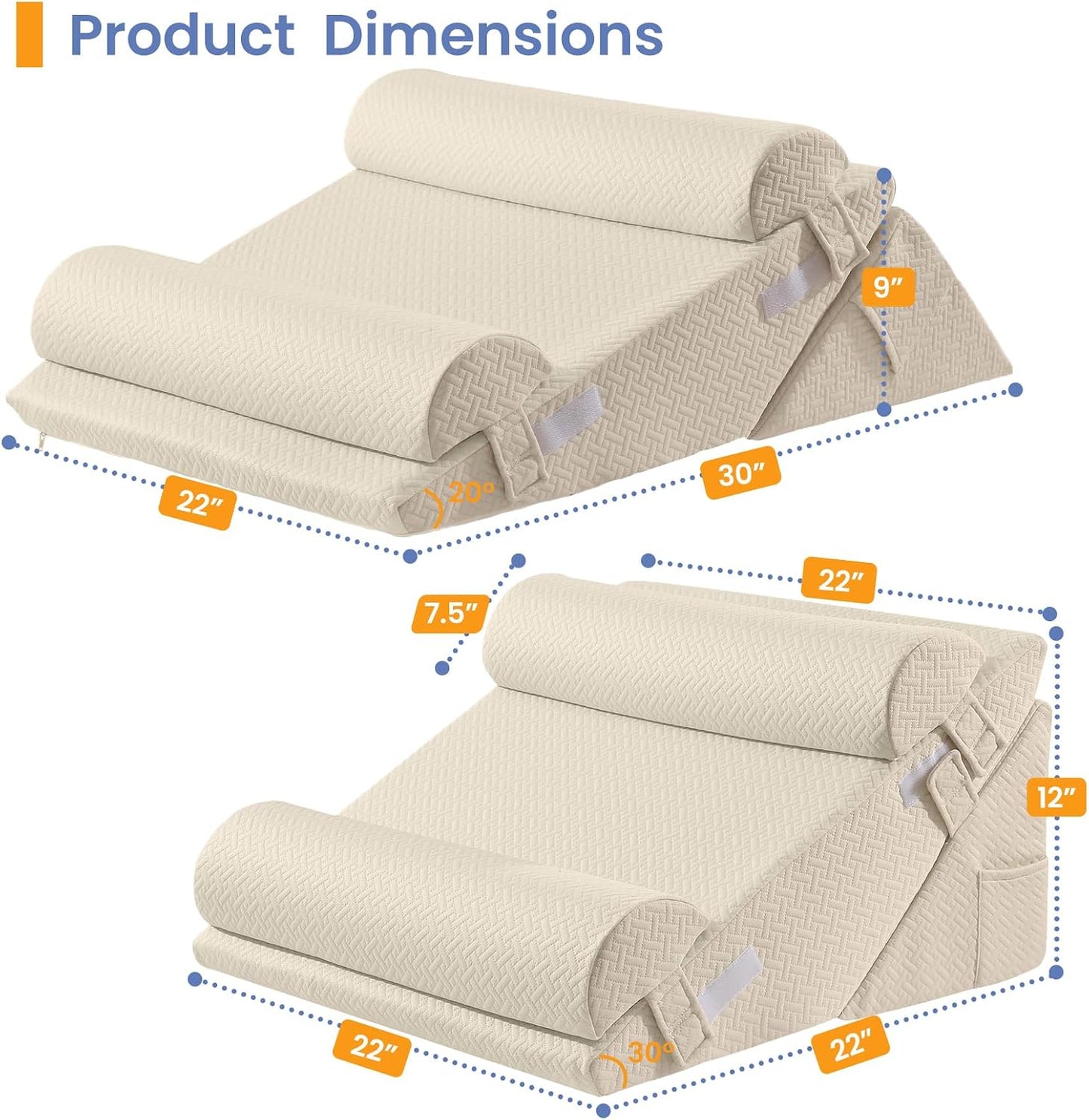 Sasttie Wedge Pillow Set for After Surgery, 2PCS Adjustable Bed Wedge Pillow Headboard with Memory Foam Neck Cushion – for Acid Reflux, Sleeping, Neck & Back Support, Dark Grey & White