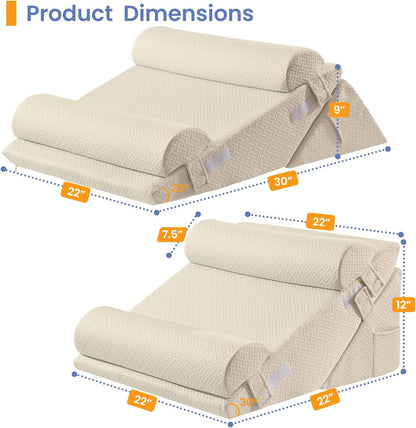 Sasttie Wedge Pillow Set for After Surgery, 2PCS Adjustable Bed Wedge Pillow Headboard with Memory Foam Neck Cushion – for Acid Reflux, Sleeping, Neck & Back Support, Dark Grey & White