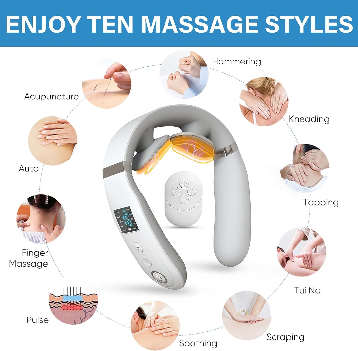 Neck Massager with Heat, Neck Massager for Pain Relief Deep Tissue, Multiple Mode Adjustment, Portable and Suitable for Travel and Home-White