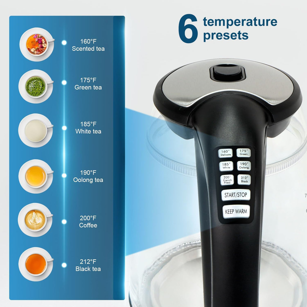 Cool Touch Electric Kettle with 6 Temp Presets for Tea/Coffee