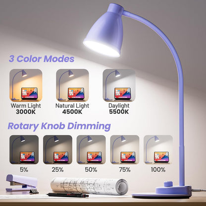 BOHON LED Desk Lamp with USB Charging Port 3 Color Modes Dimmable, Black | Reading Light Intelligent Induction Auto Dimming Task Lamp Neck Flexible Table Lamp for Bedside Office, AC Adapter Include