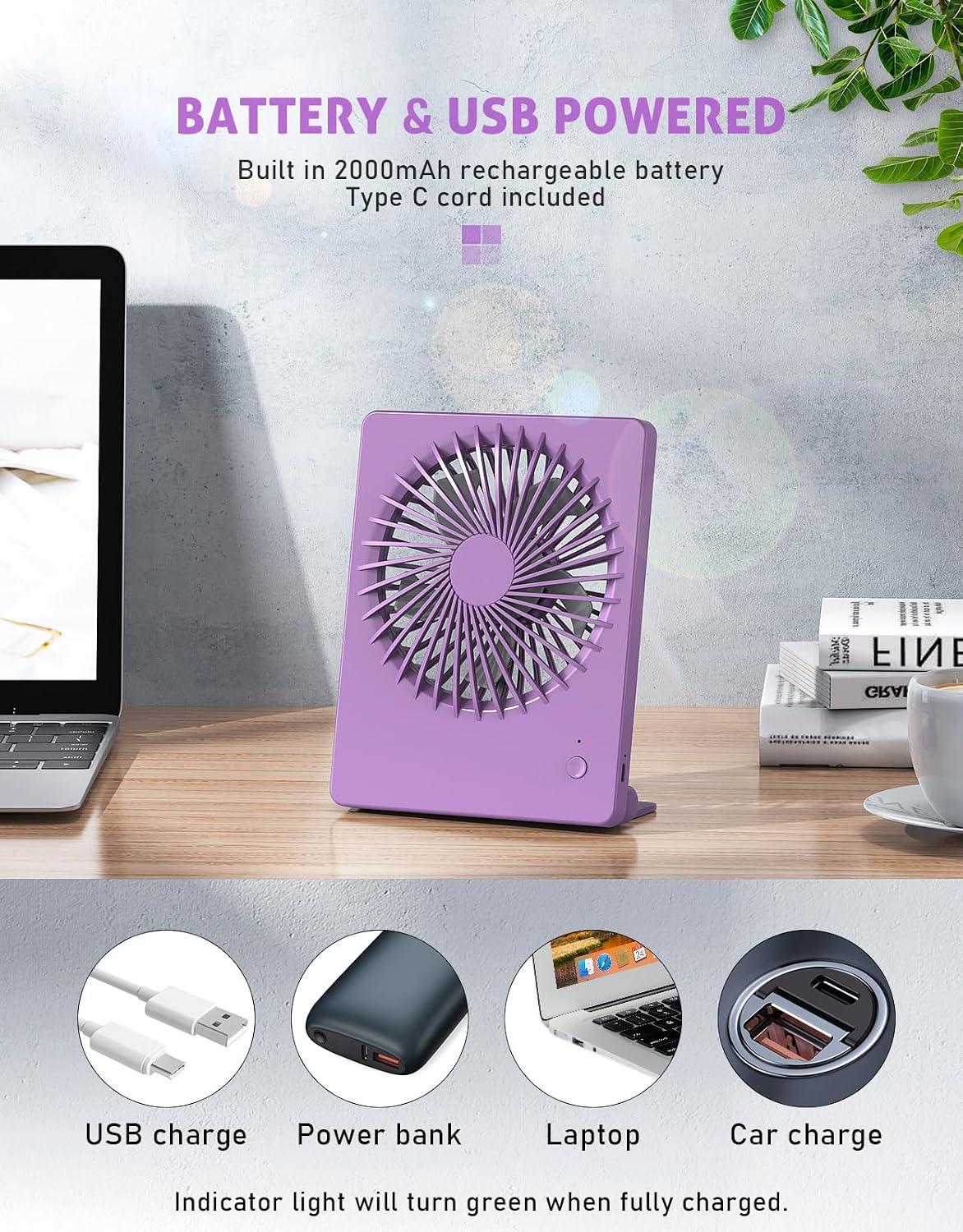 Zuvas Desk Fan Battery Operated Fan Rechargeable 180°Tilt Folding Personal Fan Ultra Quiet Small Portable 3 Speed Adjustable Strong Wind Fan For Office Bedroom Home Desktop Camping (White)