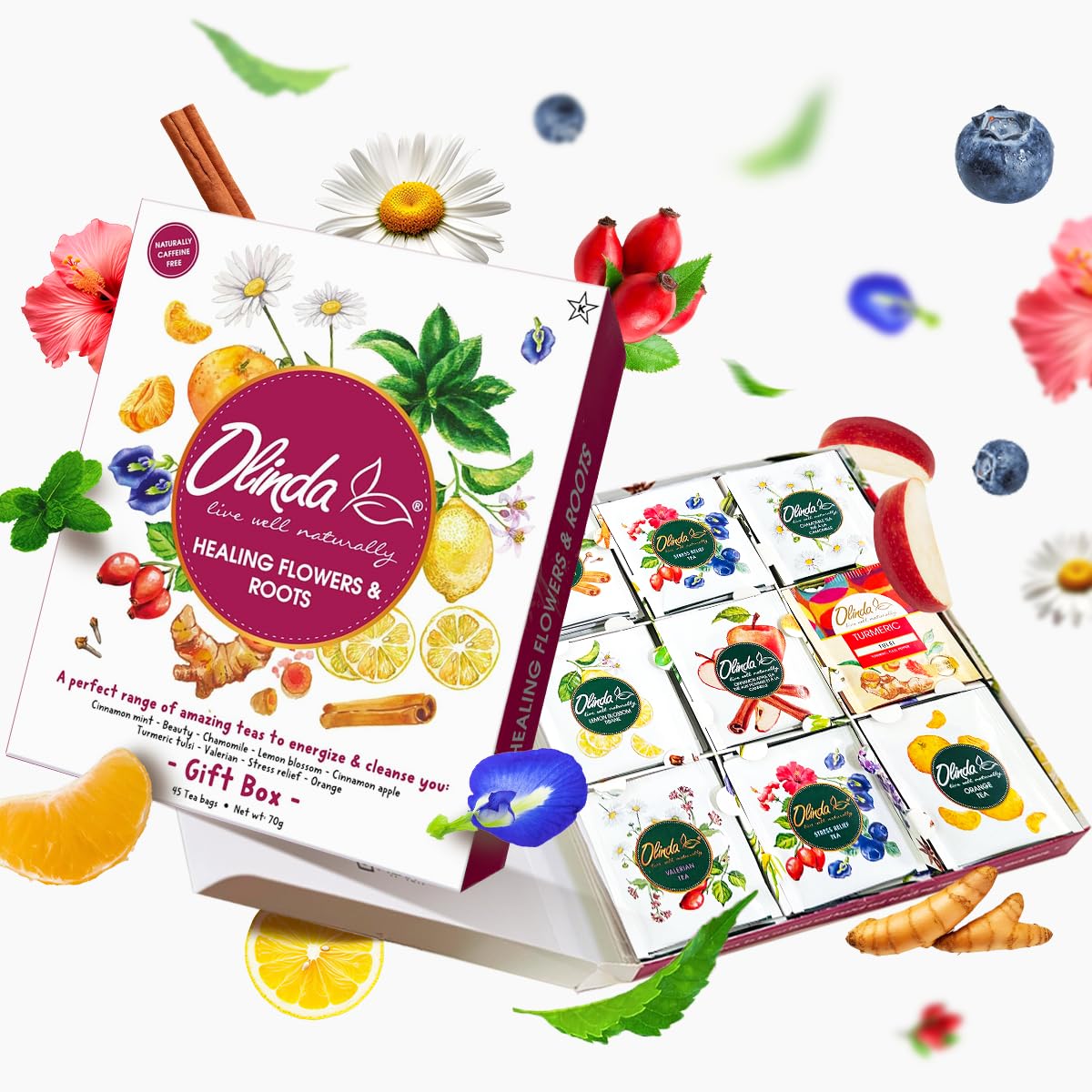 Olinda Healing Flowers & Roots Gift Box Natural Caffeine Free Tea Herbal Tea Bags Healthy Beauty Tea Wellness Stress Relief Tea Sampler Gift Set Premium 9 Vareity Individually Wrapped 45 Tea Bags 1 Tea Gift Box for Women