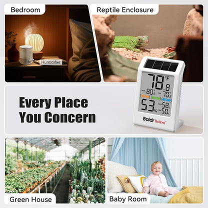BaldrTherm Room Thermometer Indoor Humidity Meter Solar Powered with Max/Min Memory & Comfort Indicator - 3.2" Large Display for Home, White