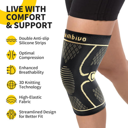 CAMBIVO 2 Pack Knee Braces for Women & Men, Knee Compression Sleeves for Knee Pain Relief, Knee Support with Non-Slip Silicone, Breathable, for Running, Workout, Weightlifting & Daily Use, Arthritis Support (Black, Medium)