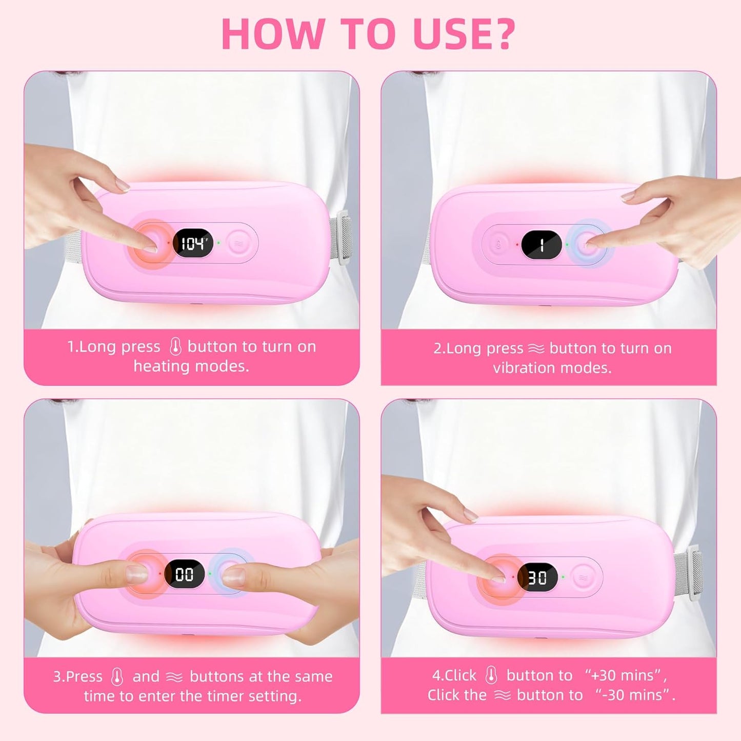 Portable Heating Pad: 2 Timer 6 Heat Levels 6 Vibration Modes Cordless Electric Heating Pad 3s Fast Heating Travel Heating Pad Gifts for Women Christmas Birthday Pink