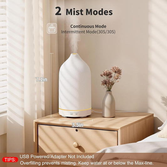 URPOWER 180ML Ceramic Essential Oil Diffuser, Ultrasonic Aromatherapy Diffuser with 7-Color Lights, Auto Shut-Off, Quiet Oil Diffuser for Bedroom, Home Office