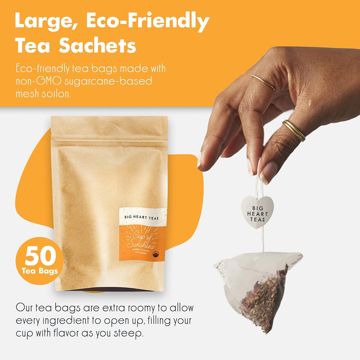 Big Heart Tea Co. Tea Bags - Cup of Sunshine Turmeric and Ginger - Certified Organic, Ayurvedic Herbal Decaf Tea with Small Batch Ground Herbs - Adaptogenic Tulsi, Peppercorn, Cinnamon, 50 Pack