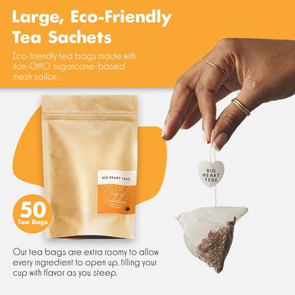 Big Heart Tea Co. Tea Bags - Cup of Sunshine Turmeric and Ginger - Certified Organic, Ayurvedic Herbal Decaf Tea with Small Batch Ground Herbs - Adaptogenic Tulsi, Peppercorn, Cinnamon, 50 Pack