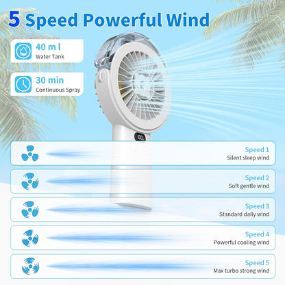 BQSS Handheld Misting Fan Portable for Travel Home Office Outdoor, White