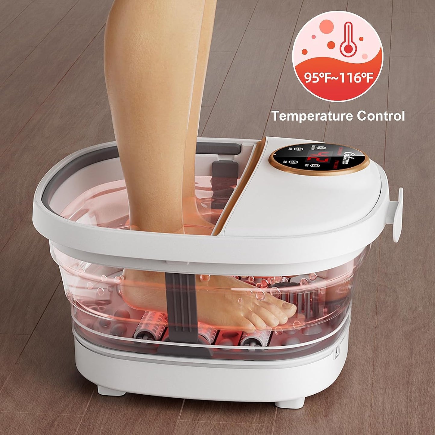 GEHONA Collapsible Foot Spa Bath with Heat, Foot Massager with Two Side Supports, Leakage Protector, Temperature Control, Bubbles, Red Light, Timer, Feet Soaker, Gifts (Deep Black)