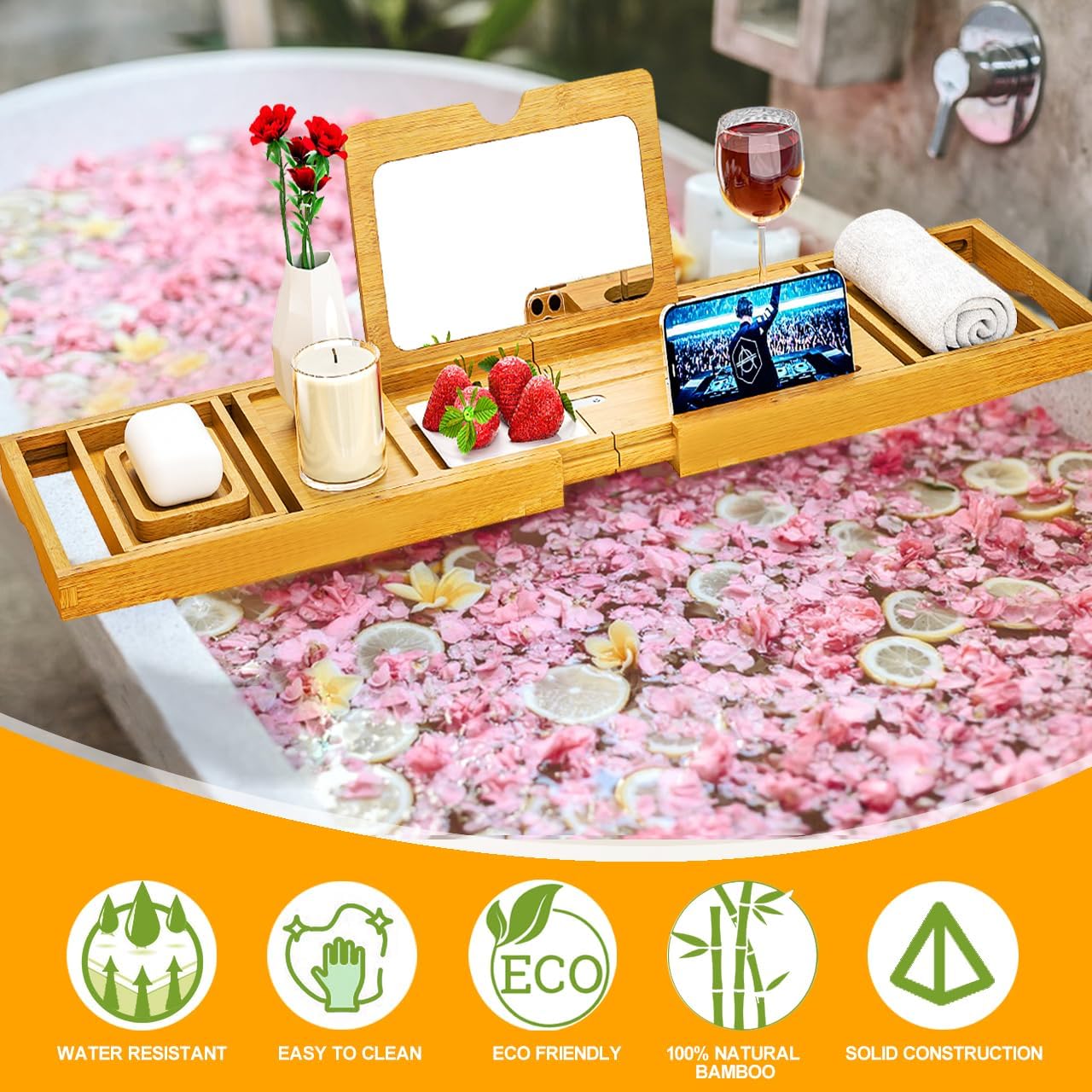 Premium Bamboo Bathtub Tray Caddy - Bath Tub Tray Table for Bathtub - Bath Caddy Tray for Bathtub, Expandable Size, Fits Most Bath Tubs