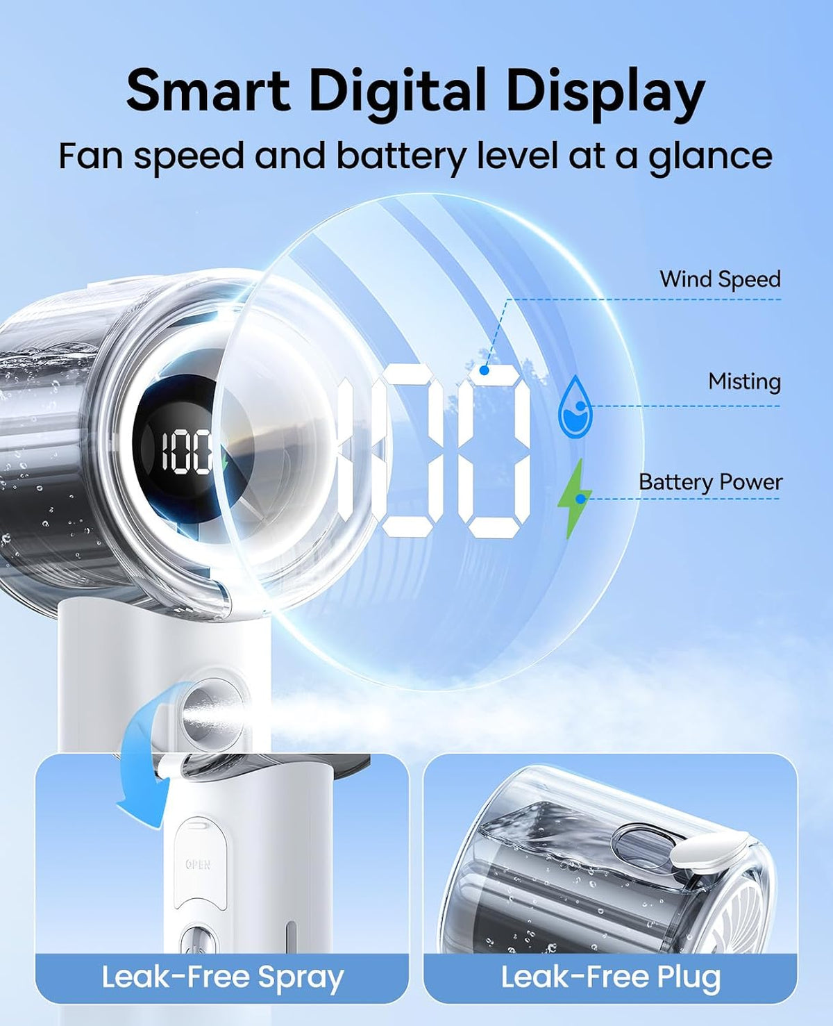 KIMMOO Portable Misting Fan, USB Rechargable Handheld Fan with Water Spray Mist, Up to 13 Hrs Cooling, 25000PRM, 100 Speeds, 50ml Water Tank, Personal Turbo Fan for Travel/Makeup/Office/Outdoor, Black