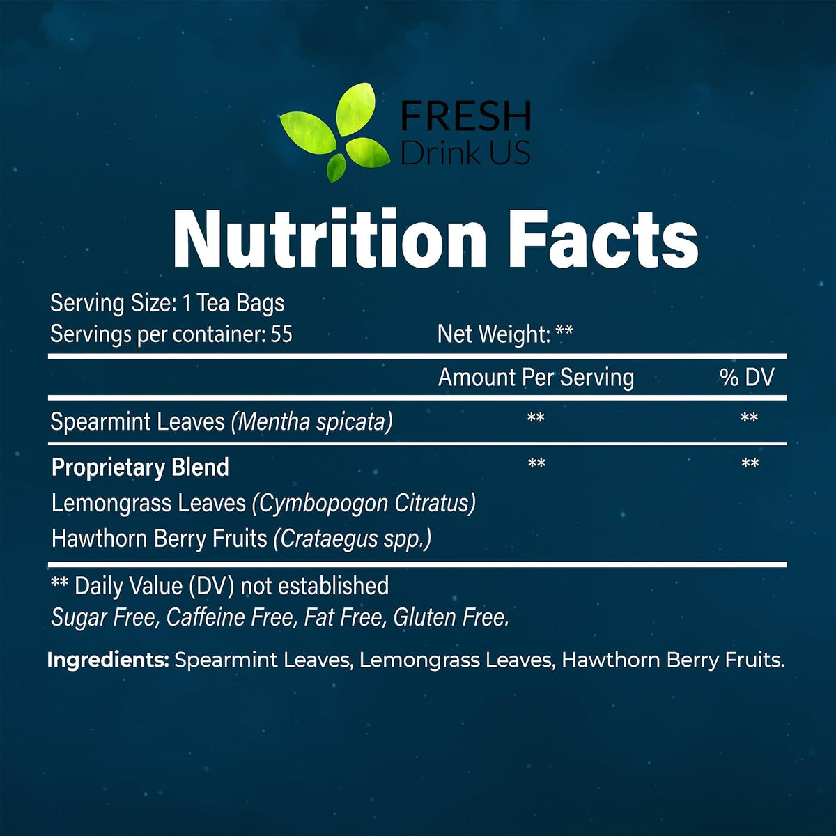 FreshDrinkUS, Premium 55 Tea Bags Better Sleep Herbal Tea | Caffeine-Free Loose Leaf Blend with Spearmint Leaves, Lemongrass Leaves, and Hawthorn Berry – Naturally Refreshing and Aromatic.