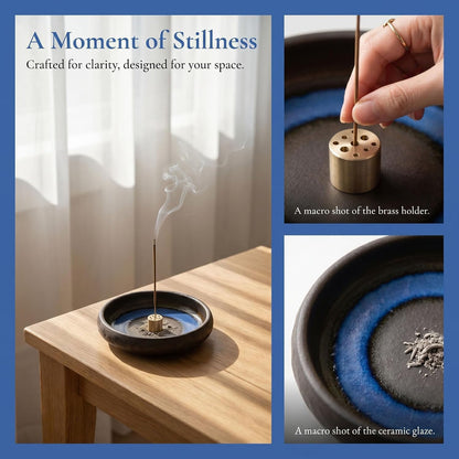6 Inch Incense Holder with Ash Catcher,Handmade Crack Blue Glaze Ceramic Incense Burner Bowl with 9-Hole Design for Sticks,Cones,Coils Sage,Palo Santo - Perfect for Meditation,Yoga & Zen Home Décor