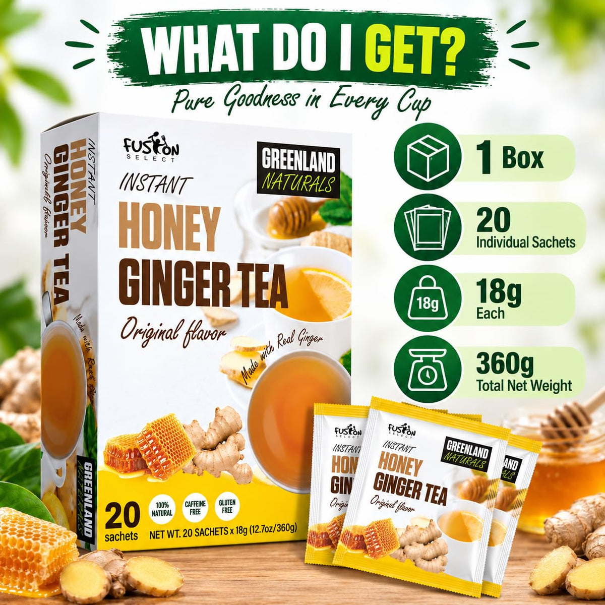 Fusion Select 20 Sachets Original Ginger Honey Crystals Packets - Crystallized Ginger Tea with Honey - Easy-to-Prepare Instant Drink Mix - Natural Ingredients with No Caffeine