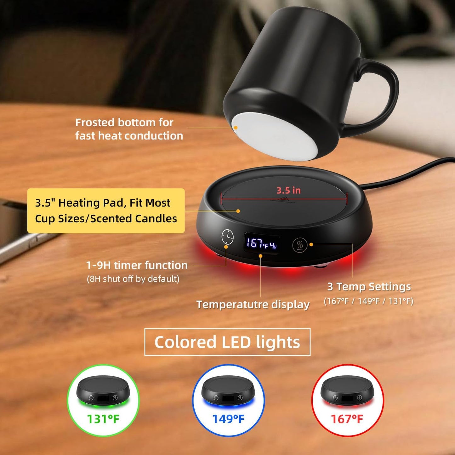 Coffee Mug Warmer Set, Smart Heated Electric Cup Warmer for Desk Office with 8H Auto Off, 1-9H Delay Startup & Shutoff Timer, 3 Temperature Control Coffee Tea Beverage Warmer, Ideal Gifts for Man