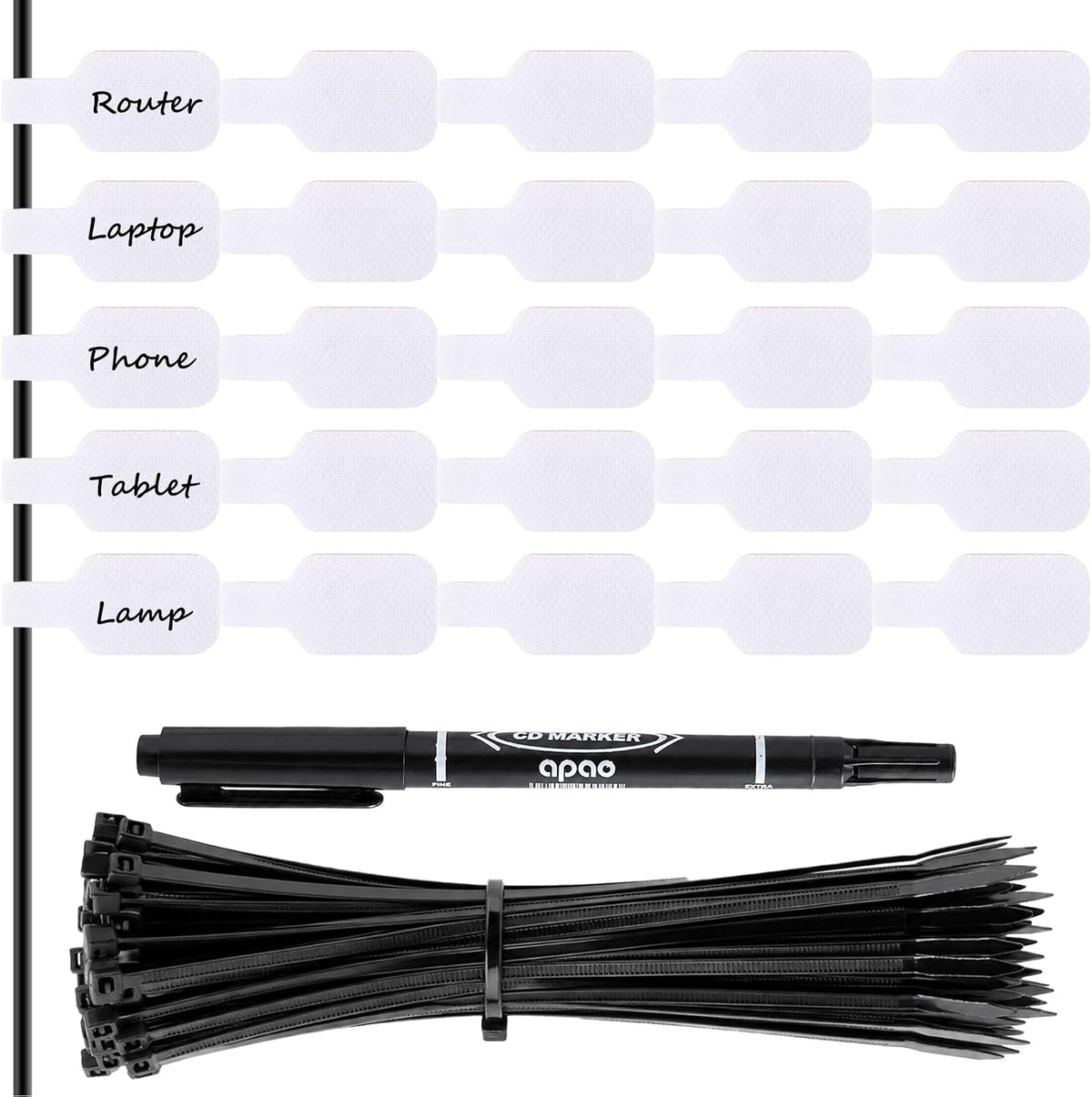 Handwriting Cable Tags Reusable Zip Ties 50PCS,100 Cable Ties & Pen