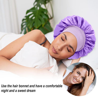 4Pcs Silk Satin Bonnets for Sleeping - Elastic Wide Band Wrap for Black Women Men,Silk Bonnets for Curly Hair,Large Hair Cap for Sleeping (Black+Wine Red+Purple+Brown)