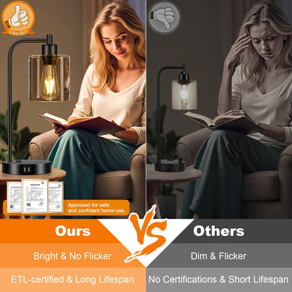Set of 2 Industrial Touch Control Table Lamps with USB C+A Ports and AC Outlet - 3-Way Dimmable Black Bedside Lamps Nightstand Desk Lamps for Bedroom Living Room, Glass Shade & 2 LED Bulbs Included