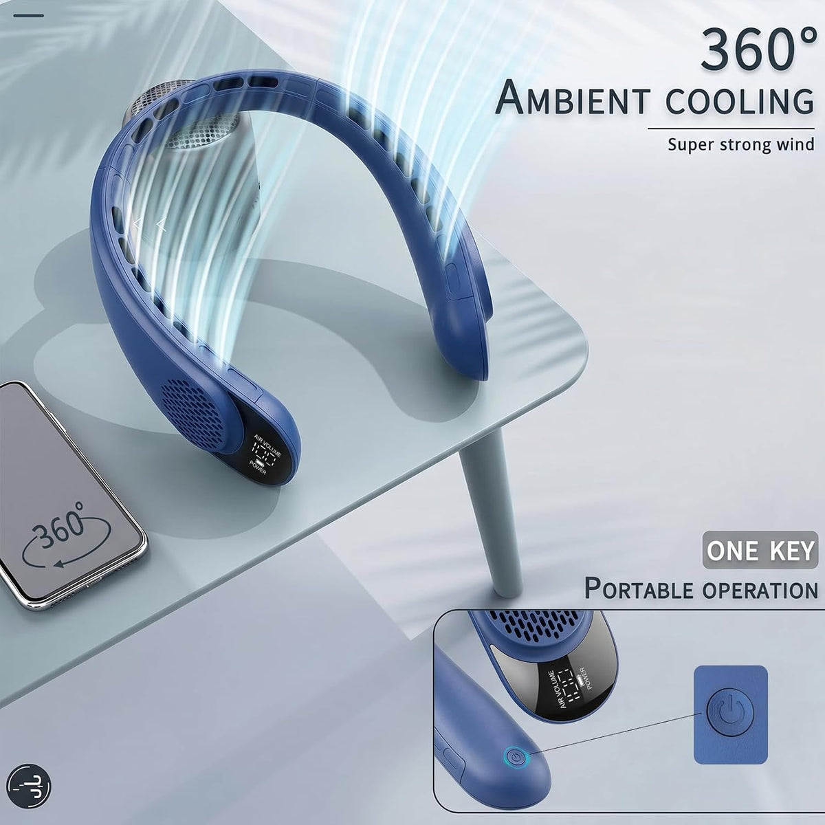 ASNUG Neck Fan, USB Rechargeable Personal Fan, 4000 mAh Battery Operated, 3 Speeds Adjustable, Faster Cooling, Ultra Quiet, Suitable for Home, Office, Travel, Sports