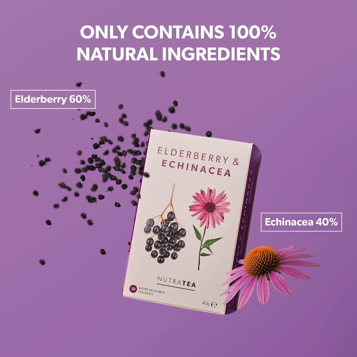 Nutra Tea - Elderberry & Echinacea Tea | Elderberry Tea - Immunity Teas | Immune Teabags - 20 Individually Wrapped Bags - Herbal Teas - (1 Pack)