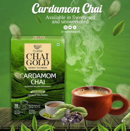 Cuppa Chai Gold Cardamom Chai Instant Tea Premix Sweetened, Rich Cardamom Flavor Tea Beverage Mix, Smooth Creamy Taste, Just Add Hot Water, Convenient Single-Serve Sachets for Home, Office & Travel, 10 Count