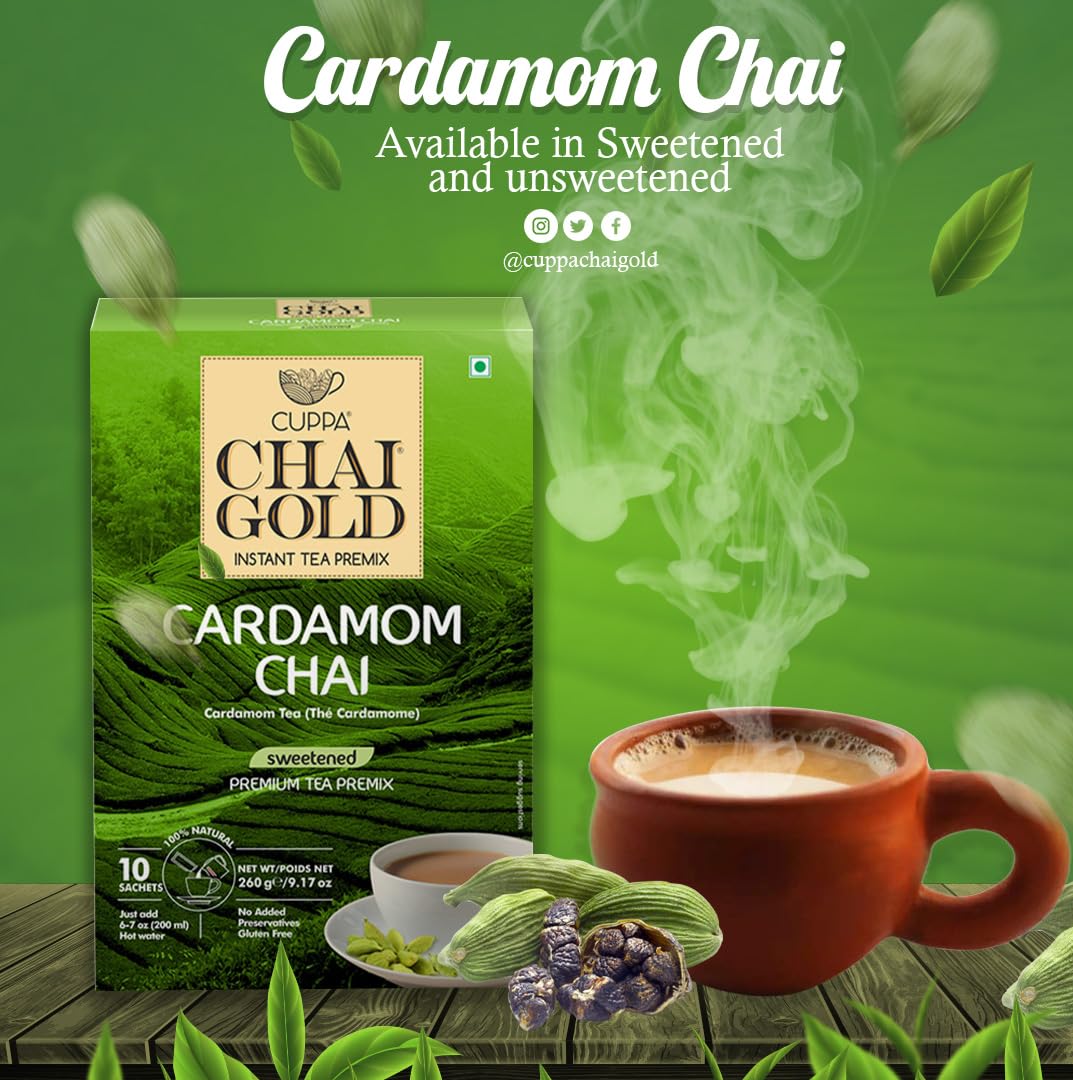 Cuppa Chai Gold Cardamom Chai Instant Tea Premix Unsweetened, No Added Sugar, Rich Cardamom Flavor Tea Beverage Mix, Just Add Hot Water, Convenient Single-Serve Sachets for Home, Office & Travel, Pack of 1 (10 Count)