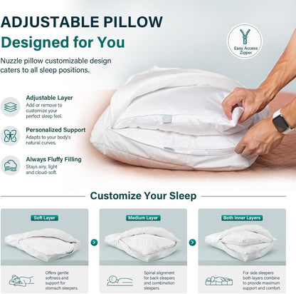 Nuzzle Cooling Adjustable Pillow for Side Sleepers,Queen Size Bed Pillow 4 Pack – Hotel Luxury Neck Support, Height Adjust Soft Sleeping Pillow for Back, Stomach or Side Sleepers-Home Gift