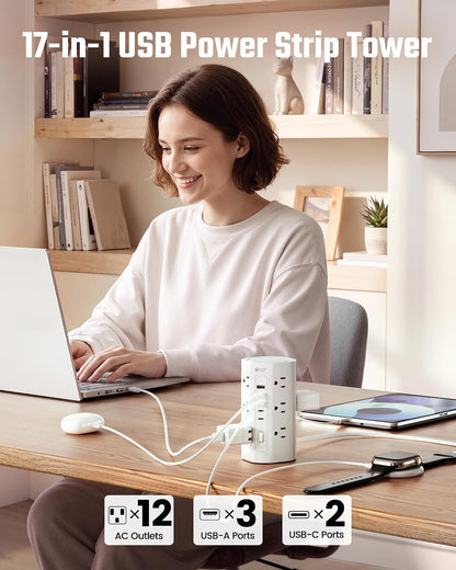 10Ft Tower Power Strip, Long Extension Cord, Flat Plug, 1700J, 12 AC 5 USB
