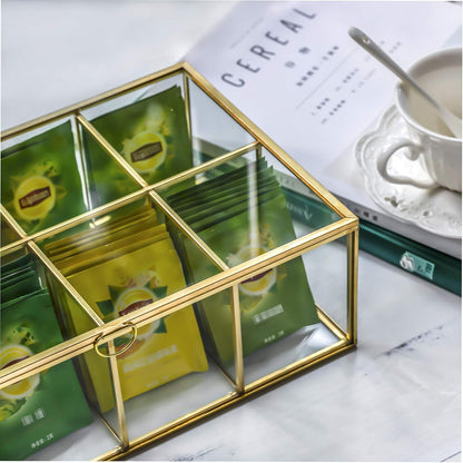 NCYP Glass Tea Bags Organizer with 5 Grids Compartments, Indoor Counter Top Brass Display Case with Lid, Storage Box, Gold, Decor, Teabag Storage, 14.5 x 3.6 x 3.66 Inches (Glass Box Only)