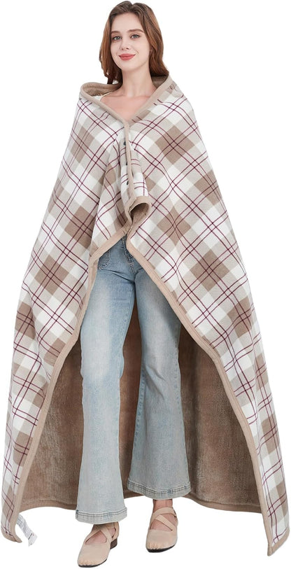 forestfish Fleece Wearable Blanket, Plaid Lap Blanket Comfy Poncho Throw with Buttons for Bed Sofa Office, Grey-White