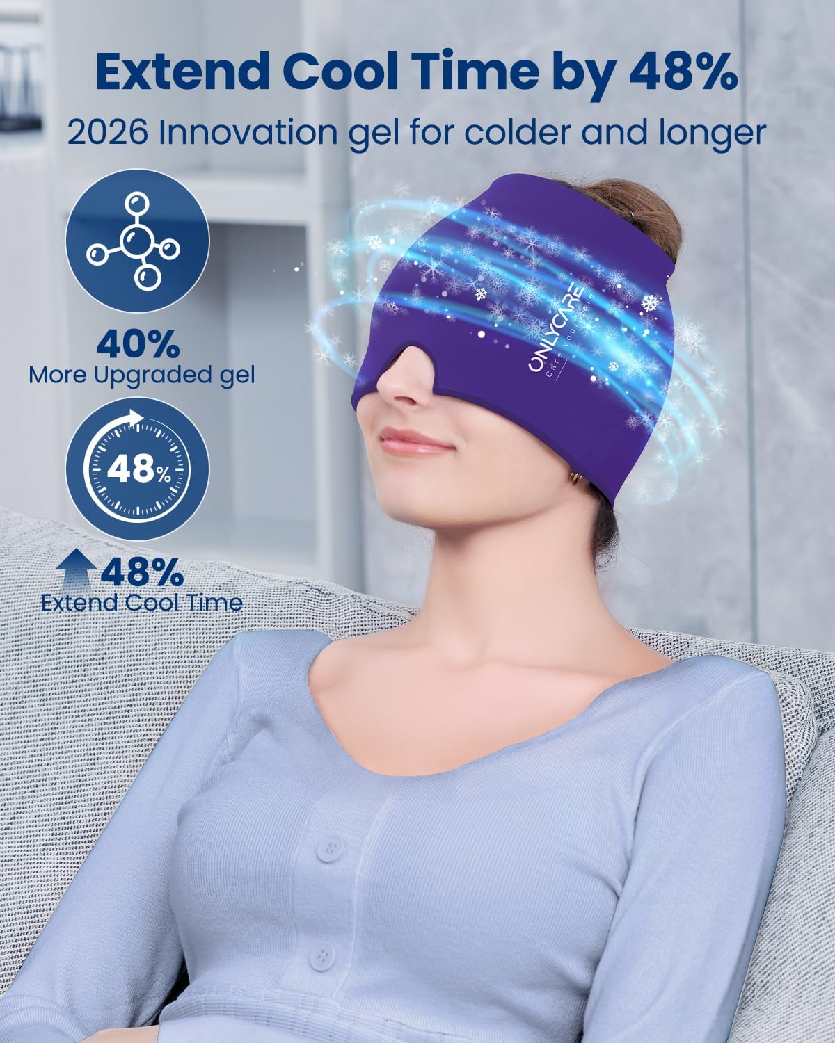 ONLYCARE Migraine Relief Cap, Upgraded Headache Relief Cap with Odorless Reusable Gel Head Wrap, Soothing Face Ice Pack Mask Products with Hot & Cold Therapy for Tension, Stress, Hangover & Puffy Eyes