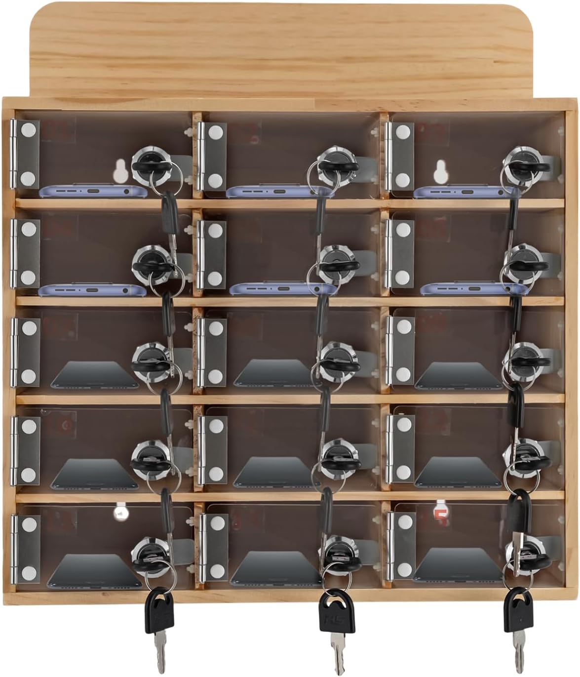 20-Slot Cell Phone Locker Box, Wood/Acrylic, Wall/Desk with Locks and Keys