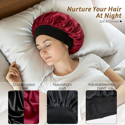 Silk Bonnet for Sleeping Double Layer Satin Bonnet Adjustable Bonnets for Black Women Sleep Cap Reversible Hair Bonnet for Curly Hair (Black and Purple)