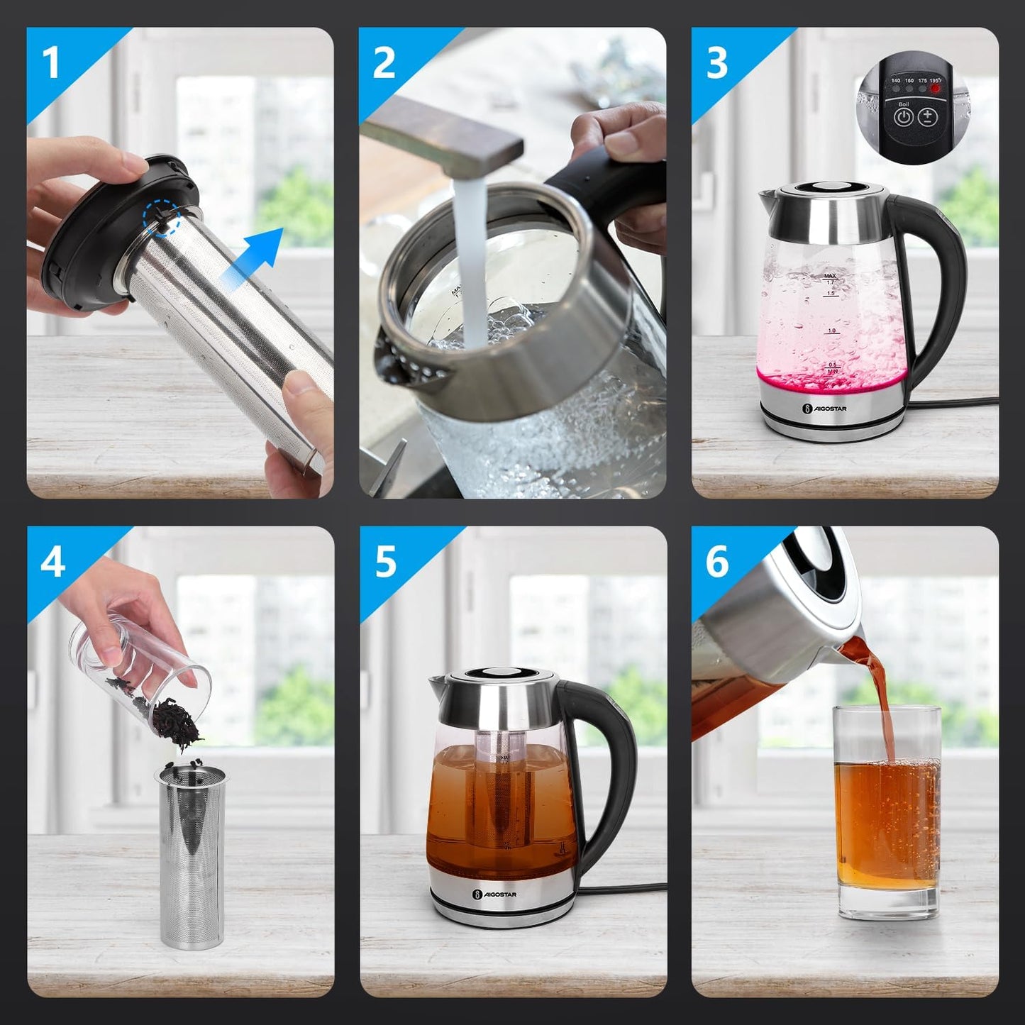 Aigostar Electric Kettle, Tea Kettle with Temperature Control and Tea Infuser, 1500W Hot Water Kettle with Variable Temperature, Keep Warm Function, LED Indicator Light Change, Auto Shut-Off, 1.7L