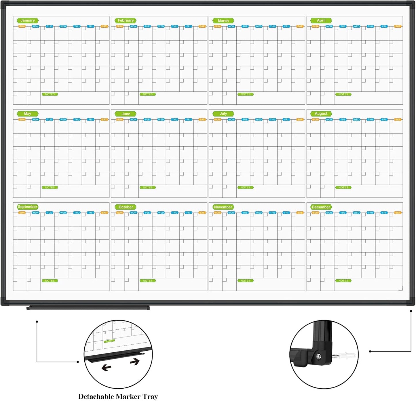 JILoffice Magnetic Dry Erase Calendar Whiteboard, 4 Month White Board Planner 36 X 24 Inch, Black Aluminum Frame Wall Mounted Board for Office Home and School