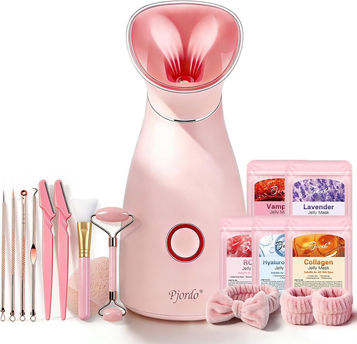 Pjordo Facial Steamer Spa Kit, 12 Skin Care Tools & 5 Jelly Mask Powder, Nano Ionic Steamer for Facial Deep Cleaning Unclog Pores Sinuses, Warm Mist Humidifier for Home SPA, Self Care Gifts for Women