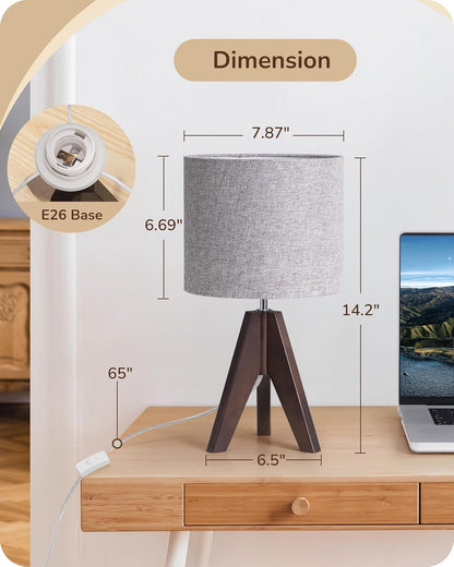 EDISHINE Tripod Table Lamp, Small Cute Bedside Lamp with Linen Beige Lampshade, Nightstand Lamp for Nursery, Bedroom, Kid Room, Living Room, Light Brown Wooden Base, E26 Socket, 14.2 Inch